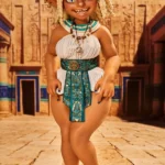 Si70 AT Kaela suntan skin goblin girl mini sex doll full body front legs crossed standing pose Egyptian white outfit hieroglyph pillar hall background – CLM Classic