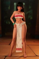 Si70 MO Roxy Mini Anime Sex Doll full-body standing pose in cream and coral wrap top and skirt with jade bangles, temple ruins backdrop