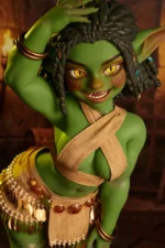 Si70 AT Kaela green skin goblin girl mini sex doll upper body closeup one hand in silicone hair showing hair texture detail – CLM Classic