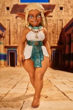 Si70 AT Kaela suntan skin goblin girl mini sex doll full body front walking pose in Egyptian white outfit wide hips thick legs smiling Egyptian hall background – CLM Classic