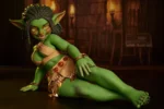 Si70 AT Kaela green skin goblin girl mini sex doll lying on side full body landscape view showing leg curves – CLM Classic