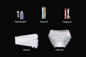 Complimentary items included with the leg torso: vaginal irrigator, drying rod, heating rod, hold-ups, and underwear