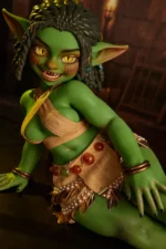Si70 AT Kaela green skin goblin girl mini sex doll seated on floor leaning forward half body view fringe skirt – CLM Classic