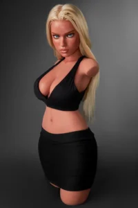ULW 883# Fiora: This side-view main image showcases the blonde, blue-eyed half-body doll wearing a low-cut black halter top and skirt, tightly contouring her striking, firm bust profile and tight midsection with a realistic, smooth skin texture.