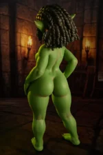 Si70 AT Kaela green skin goblin girl mini sex doll full nude rear view showing round buttocks thick legs and silicone braids from behind – CLM Classic