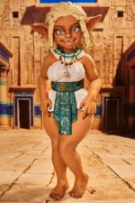 Si70 AT Kaela suntan skin goblin girl mini sex doll full body front view in Egyptian white outfit arms open Egyptian temple background – CLM Classic