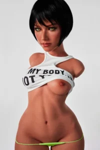 ULW 882# Livia: This half-body main image features a detailed black short-hair head sculpt and healthy skin, with a partially lifted white crop top highlighting a voluminous firm bust and slender waist for a realistic, fleshy aesthetic.