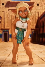 Si70 AT Kaela suntan skin goblin girl mini sex doll full body front view hands at sides showing blue nails Egyptian white outfit inner temple doorway background – CLM Classic