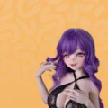 Purple-haired anime sex doll on Ganova yellow patterned background