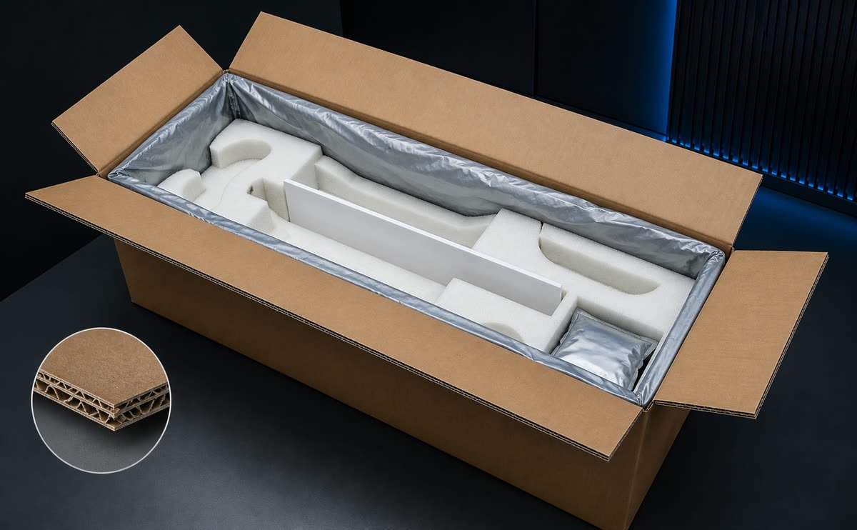 Reinforced carton and protective foam packaging for an Irontech sex doll