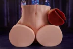 PA-Theory: This detailed front view showcases the product's smooth, delicate abdominal skin texture and defined belly button, highlighting two rounded, flat thigh cross-sections in front and the reddish-brown sculpted tail cross-section on the right.