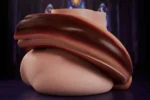 PA-Theory: This close-up detailed view focuses on the product's upper back, highlighting the prominent sculpted tail with its layered reddish-brown tones and sleek flowing textures resting across the rounded buttocks.