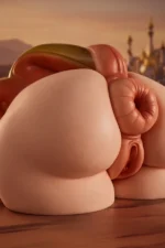 PA-Peppy: This full rear hero shot showcases the product's exceptionally plump and prominent hip contours, clearly presenting the detailed private area centered at the back, paired with a multi-colored tail draped over the top to highlight a firm, smooth, and lifelike skin texture.