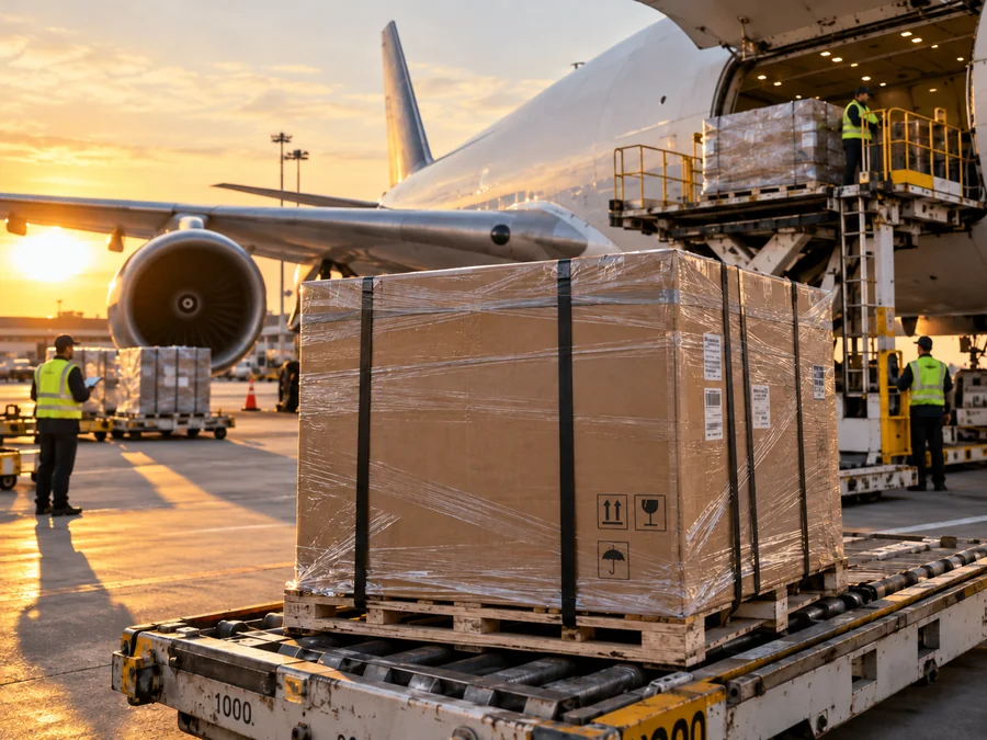 Wrapped shipping cartons being loaded onto a cargo aircraft.