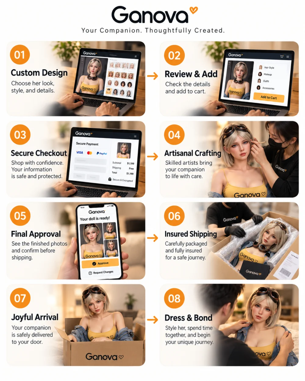 Ganova order process: custom design, review and add, secure checkout, crafting, final approval, insured shipping, arrival, and dress and bond.