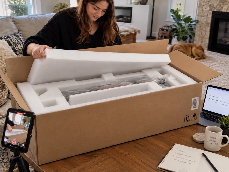 Unpacking a foam-protected doll shipment while recording an unboxing video.