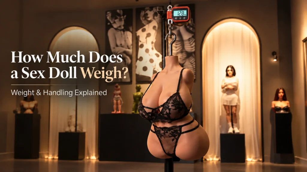 Sex doll torso suspended from a digital scale in a showroom, illustrating doll weight and handling.