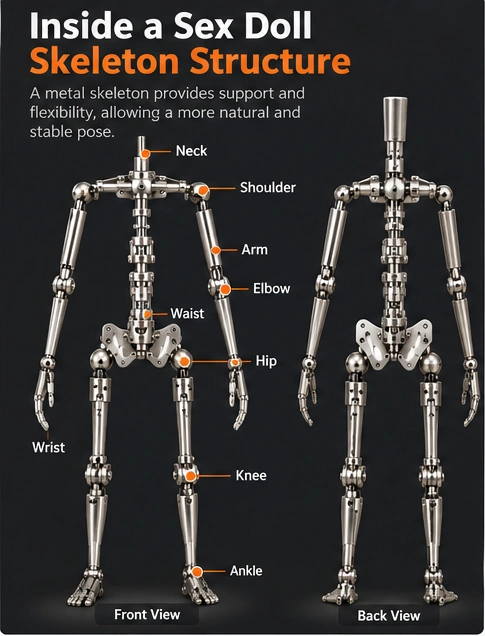 Illustrated front and back views of a doll skeleton with labeled joints.