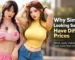 Two clothed sex dolls beside a headline explaining why similar-looking dolls have different prices.